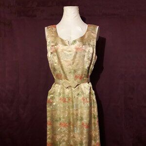 Fabulous Vintage Embroidered Gold Silk Cocktail Sheath Wiggle Dress 50s 60s